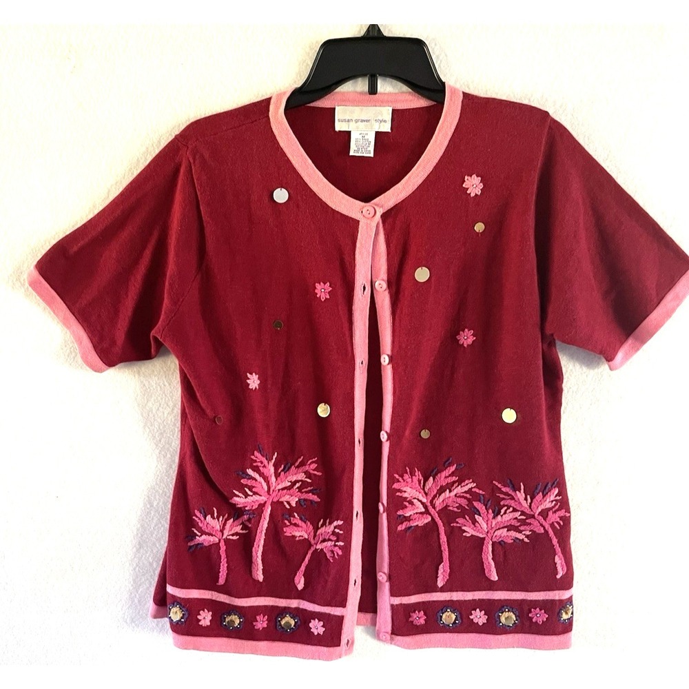 Vtg 90's Susan Graver Cardigan Pink Medium Resortcore Grandmacore Whimsigoth